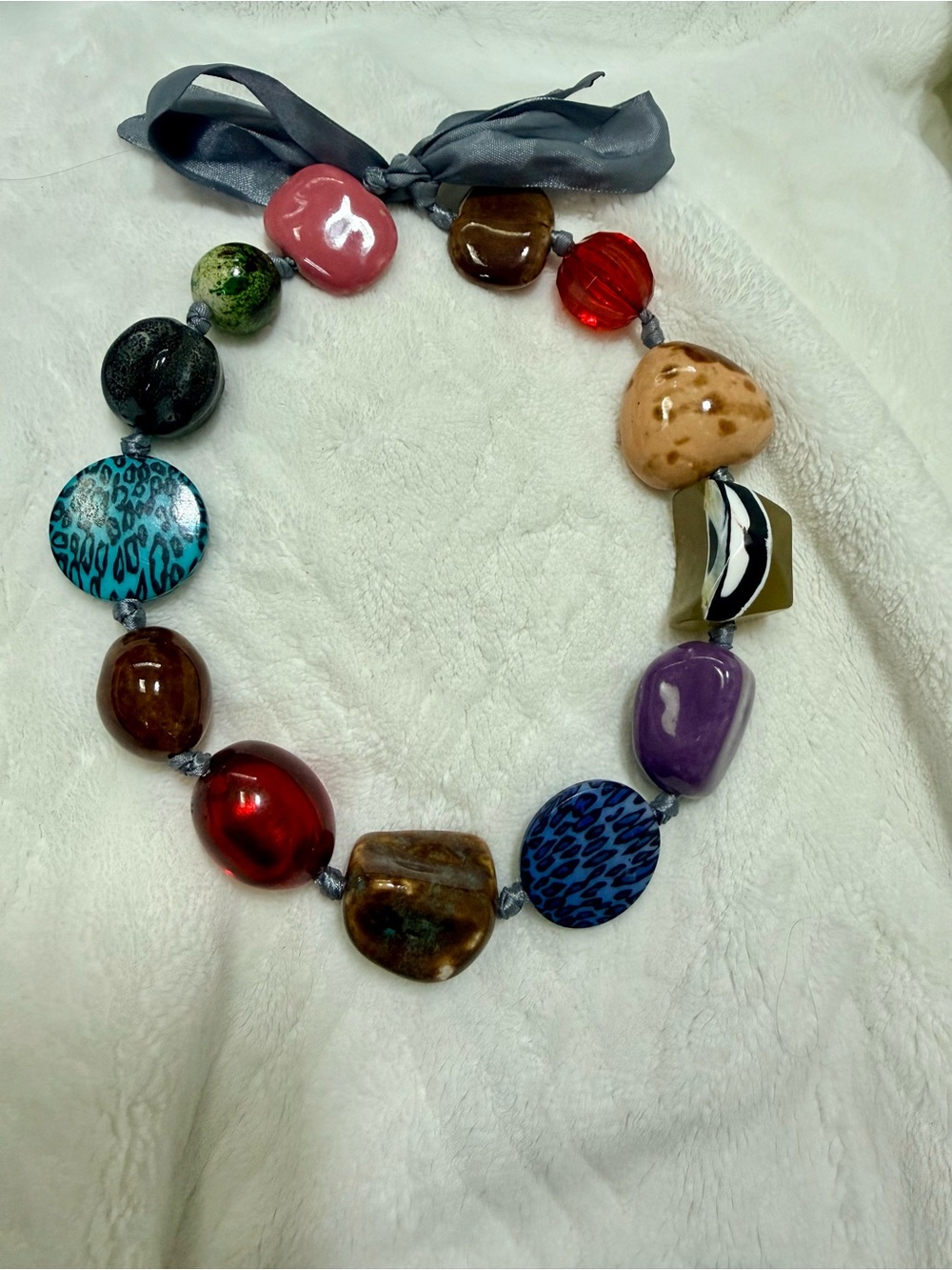Handcrafted Chunky Ceramic and Resin Beads Ribbon Necklace